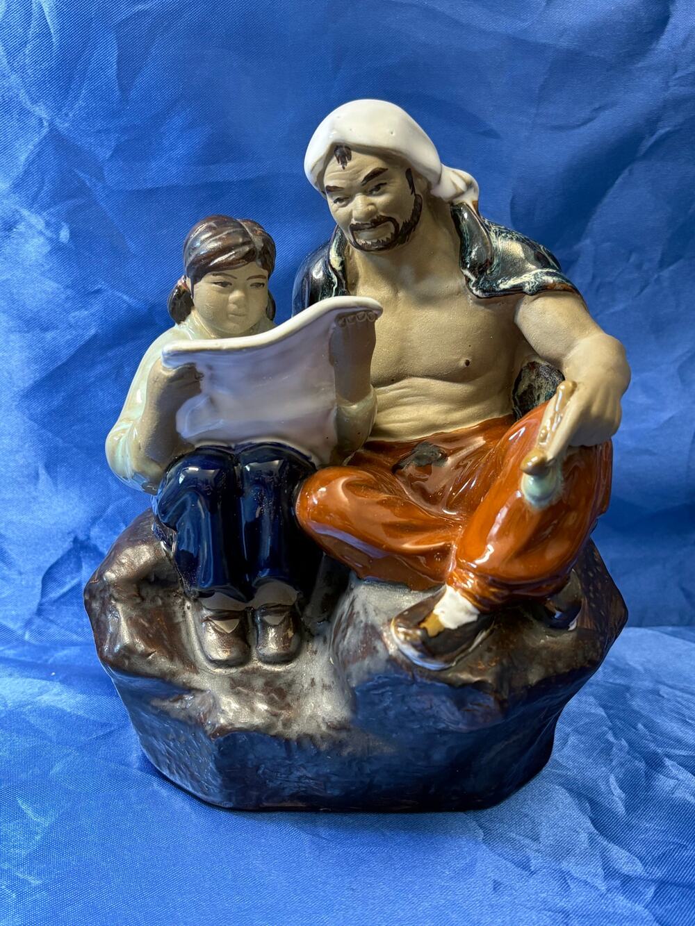 Vintage Shiwan MudMan Sculpture Man and Child Reading Paper